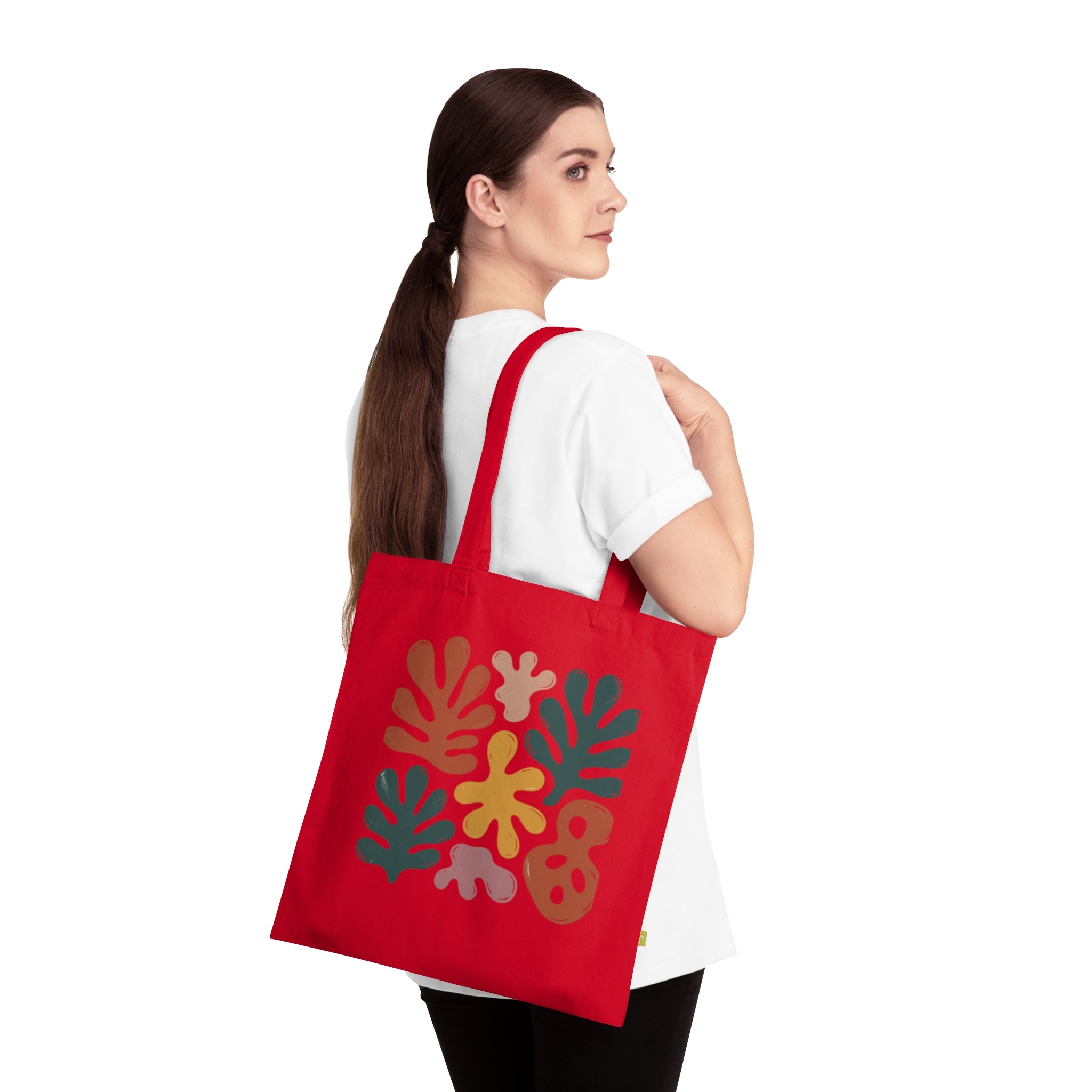 Organic Cotton Tote Bag with Abstract Leaf Design, Eco-Friendly Shopping Bag, Reusable Grocery Tote