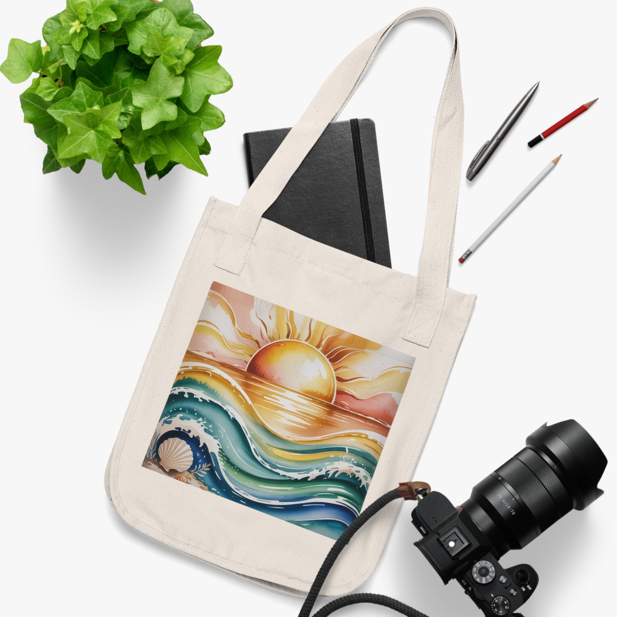 Sunset Waves Organic Canvas Tote Bag, Eco-Friendly Shopping Tote, Beach Bag, Gift for Ocean Lovers