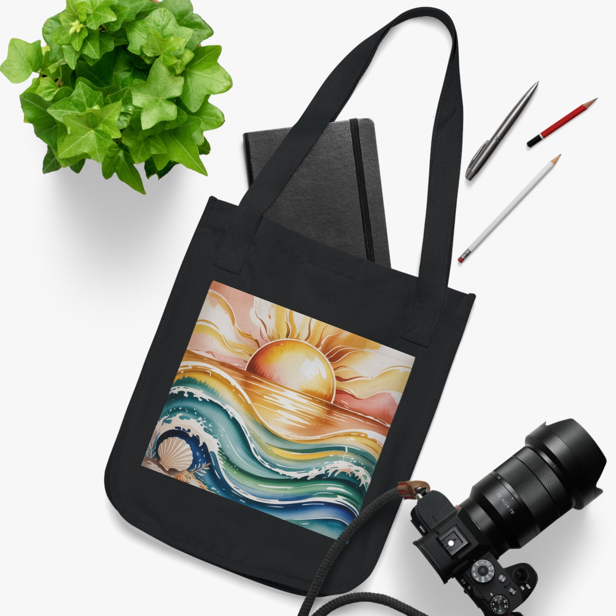 Sunset Waves Organic Canvas Tote Bag, Eco-Friendly Shopping Tote, Beach Bag, Gift for Ocean Lovers