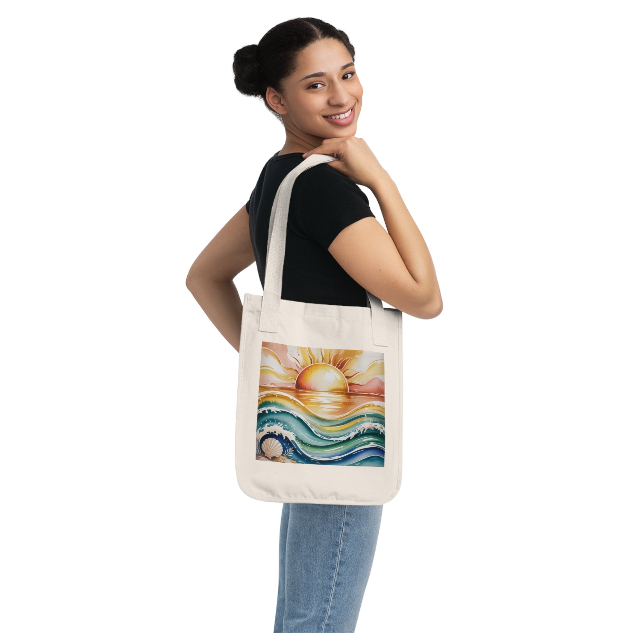 Sunset Waves Organic Canvas Tote Bag, Eco-Friendly Shopping Tote, Beach Bag, Gift for Ocean Lovers