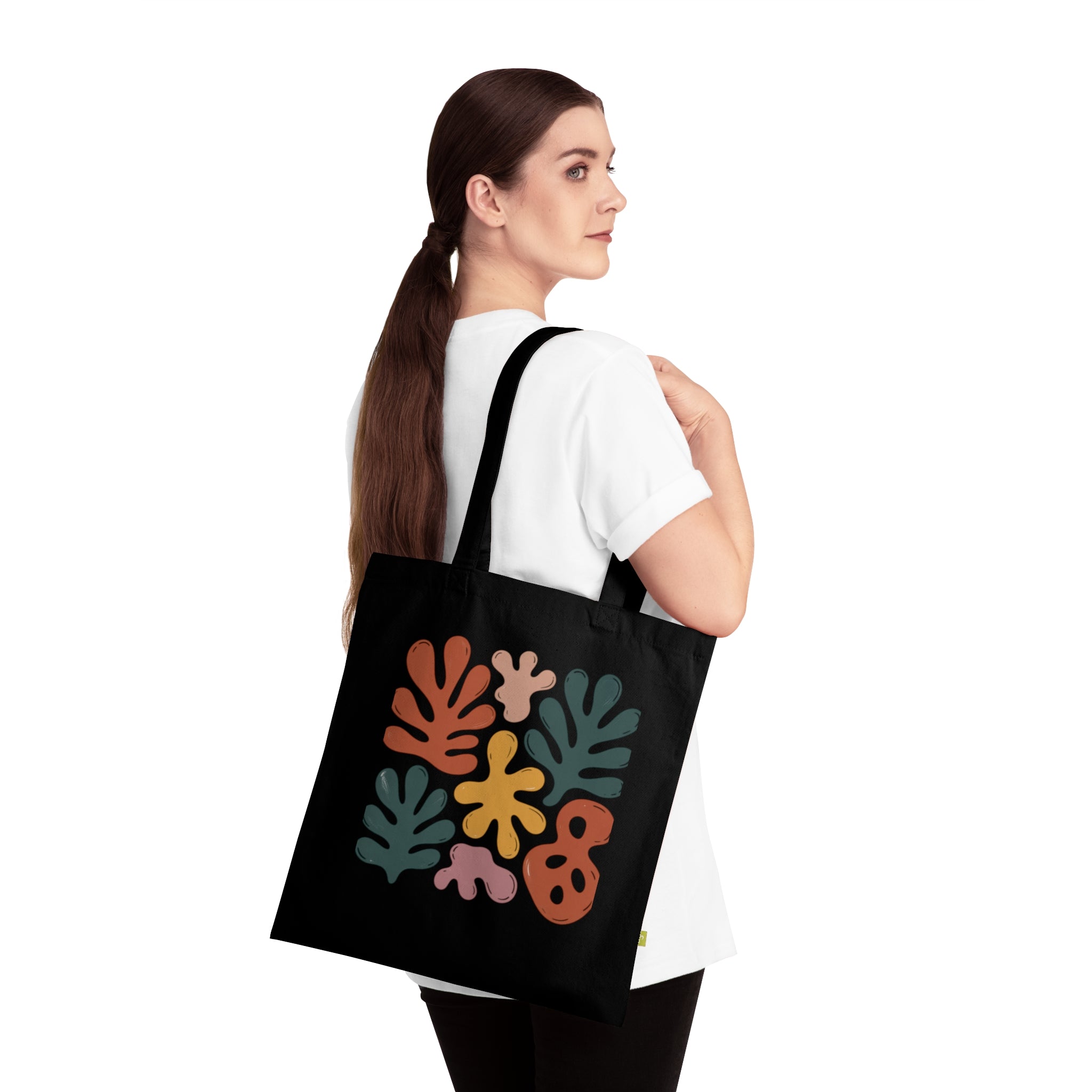 Organic Cotton Tote Bag with Abstract Leaf Design, Eco-Friendly Shopping Bag, Reusable Grocery Tote