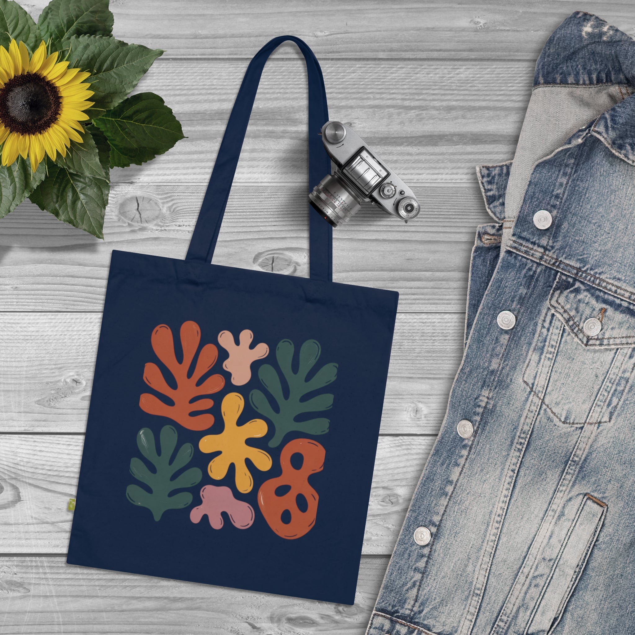 Organic Cotton Tote Bag with Abstract Leaf Design, Eco-Friendly Shopping Bag, Reusable Grocery Tote